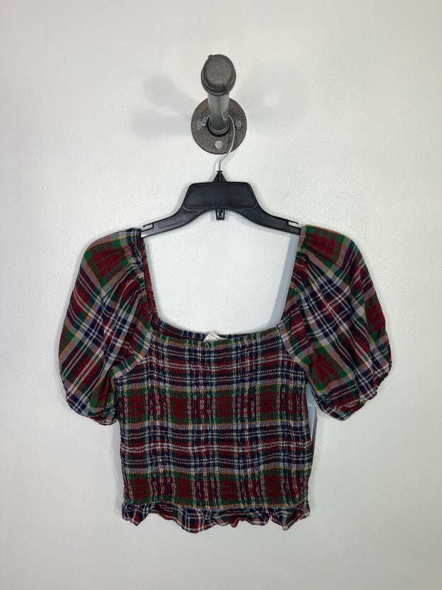 American E. Plaid Puff Slv Top