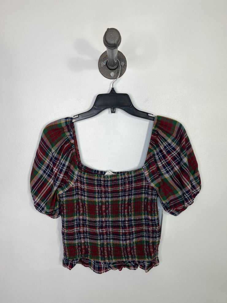 American E. Plaid Puff Slv Top