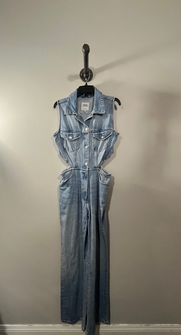 Zara Distressed Denim Jumpsuit