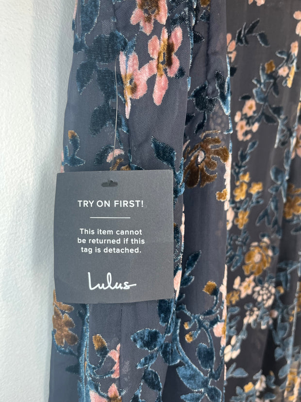 Lulus Navy Satin Floral Dress