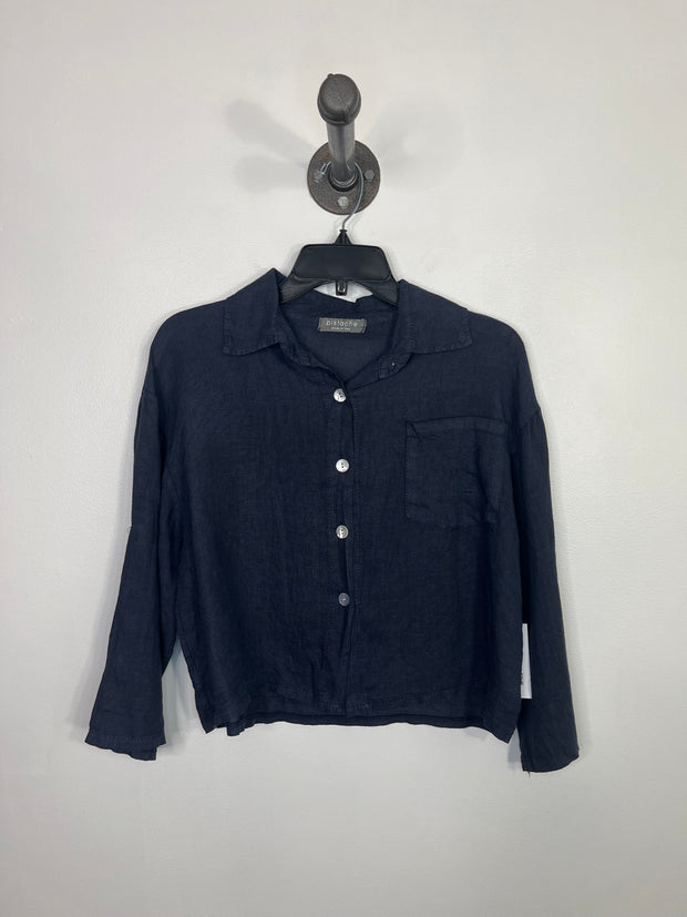Pistache Navy Linen Button Up