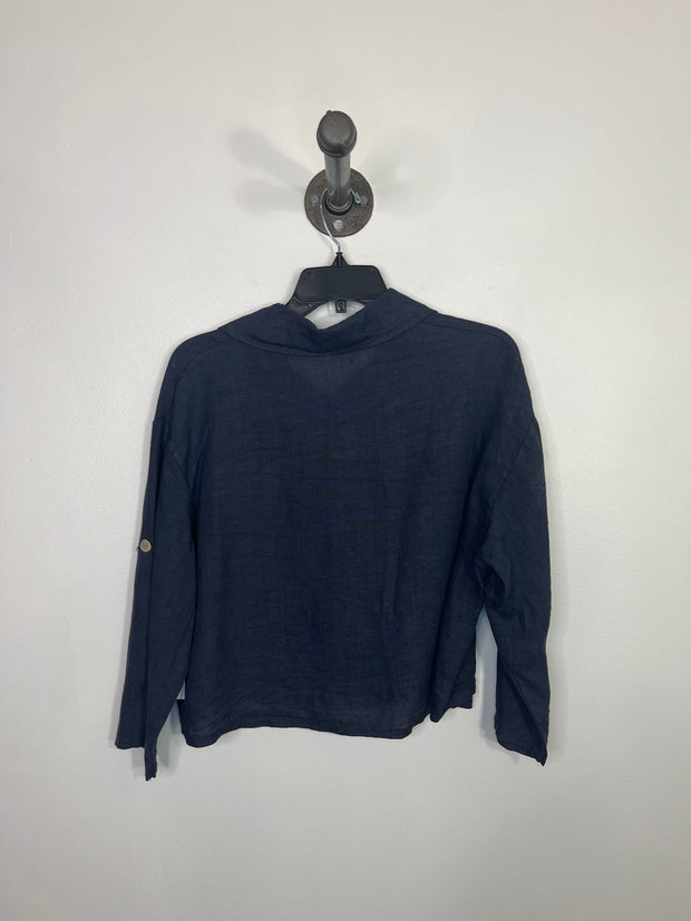 Pistache Navy Linen Button Up