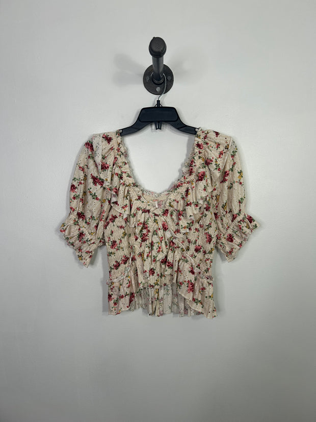 Free P Beige Floral Ruffle Top