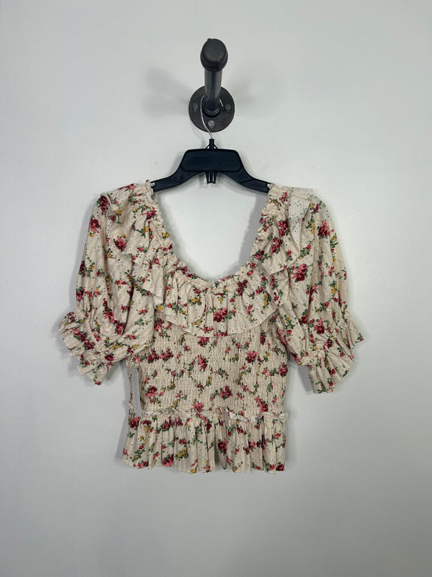 Free P Beige Floral Ruffle Top