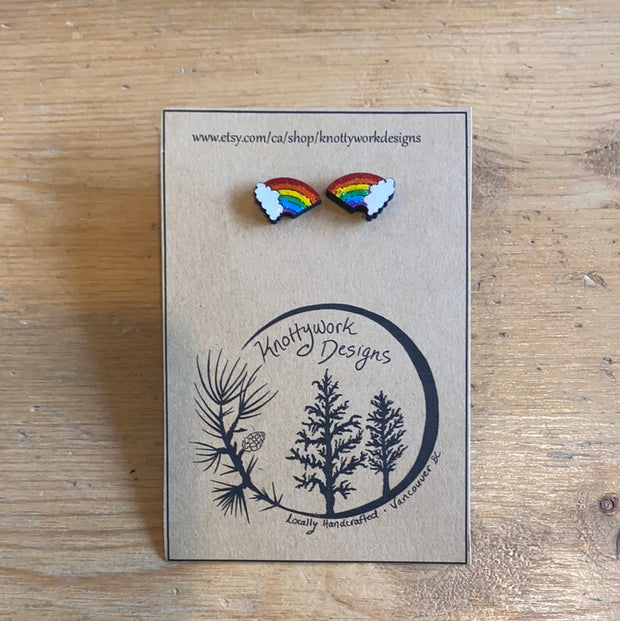 Wood Rainbow Cloud Stud