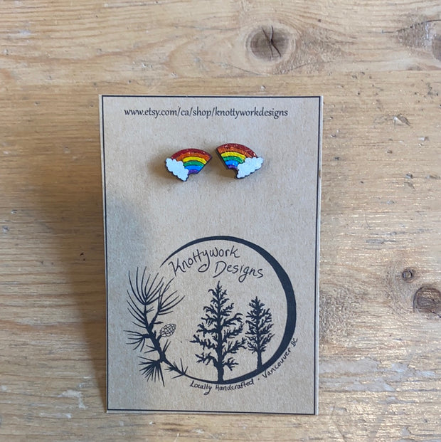 Wood Rainbow Cloud Stud